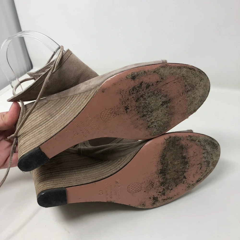 Aquazzura Belgravia Wedge Sandal Women 40 US 10 Taupe Suede Lace Up Cutout Italy